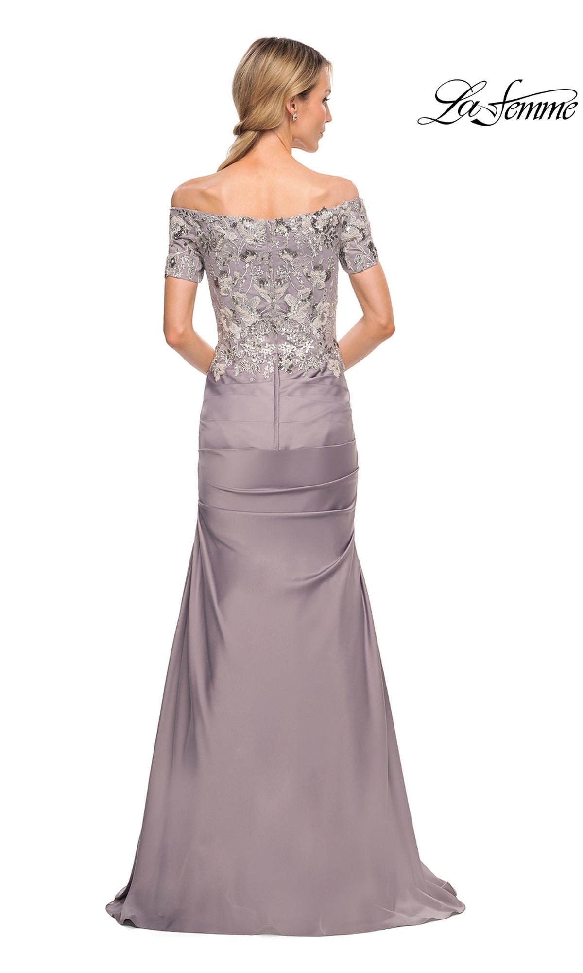 Back view of the Long Formal Dress: La Femme 30045, an off-the-shoulder, floor-length mermaid gown featuring a bodice with floral embroidery and short sleeves.